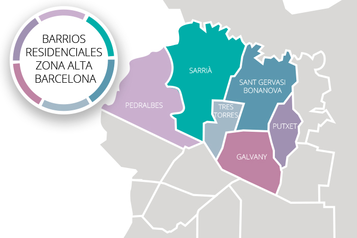 Los barrios donde alquilar viviendas de alto standing en la zona alta de Barcelona son Pedralbes, Sarrià, Tres Torres, Galvany, Bonanova y Tibidabo
